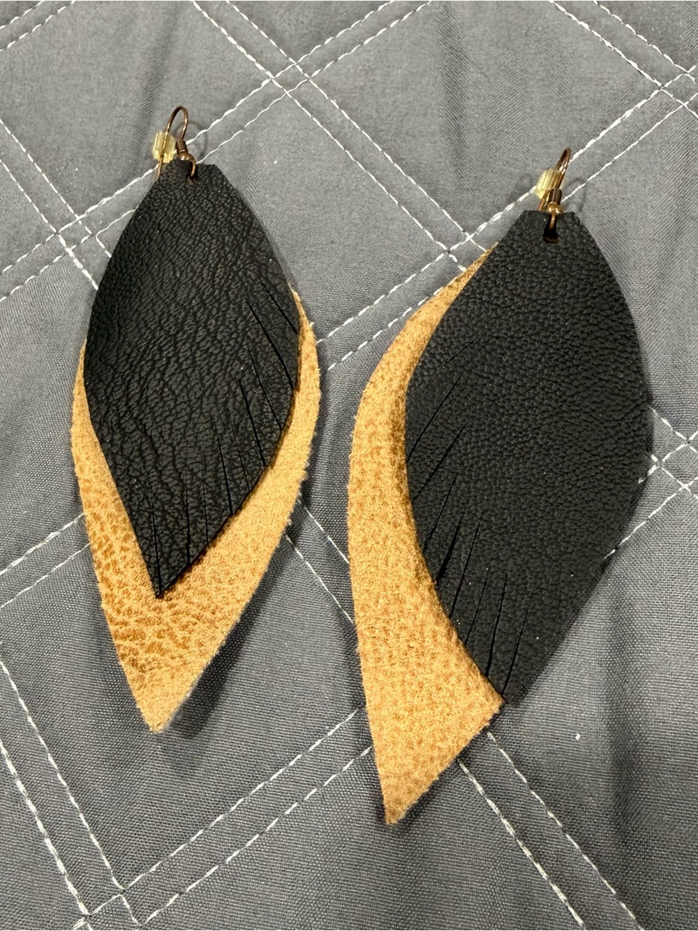 Leather Layered Black and Tan Teardrop Earrings